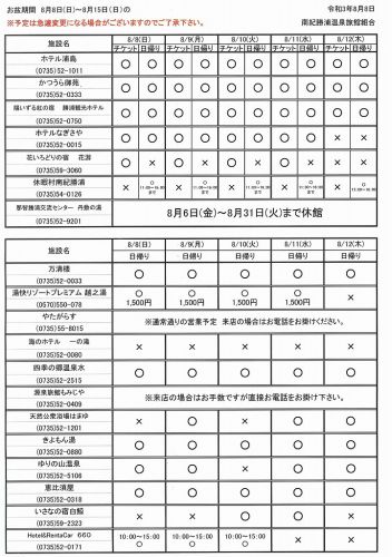 お盆期間中 日帰り温泉・湯めぐりチケット 営業予定について
